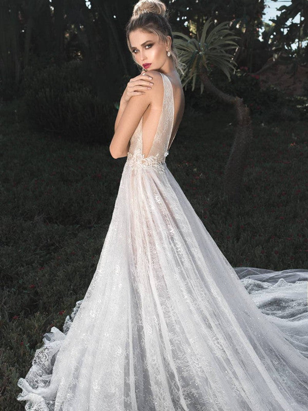 Lace V-neck Popular Wedding Dresses, See Through A-line 2020 Wedding Dresses