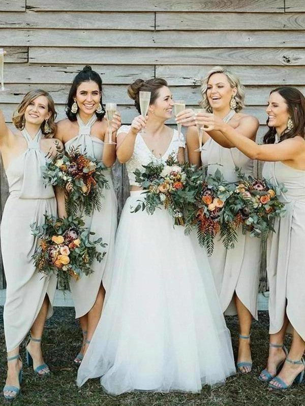 Unique Design Halter Wedding Bridesmaid Dresses, Slit Wedding Guest Dresses