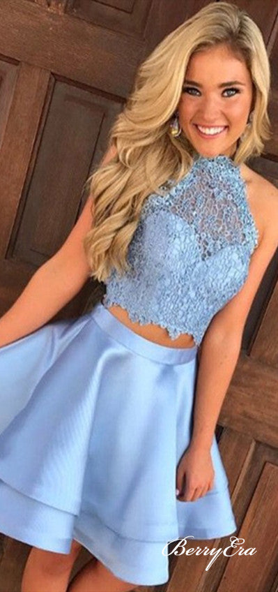 2 Pieces Blue Lace Satin Short Prom Dresses, Homecoming Dresses