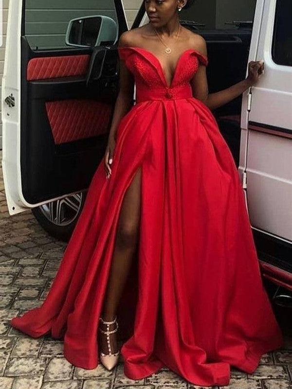 Off Shoulder A-line Long Prom Dresses, Sexy Slit Prom Dresses, 2020 New Prom Dresses