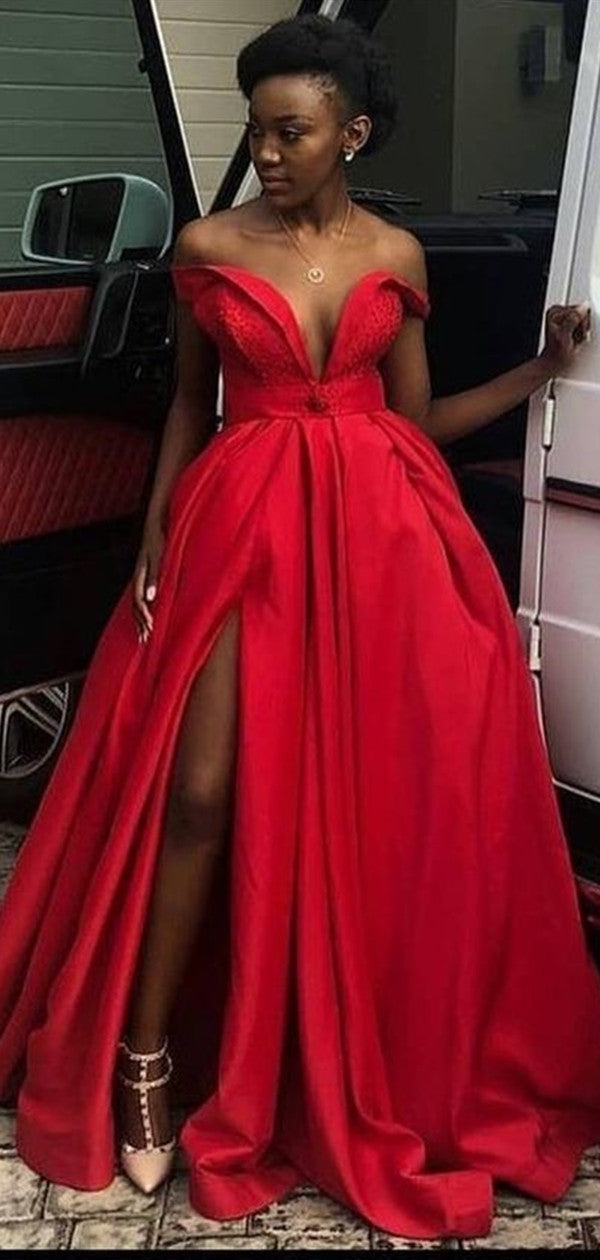 Off Shoulder A-line Long Prom Dresses, Sexy Slit Prom Dresses, 2020 New Prom Dresses