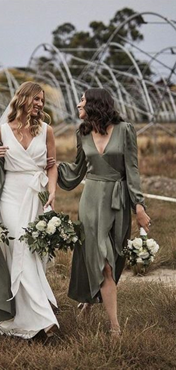 V-neck Long Sleeves Bridesmaid Dresses, 2020 Popular Bridesmaid Dresses, Wedding Guest Dresses