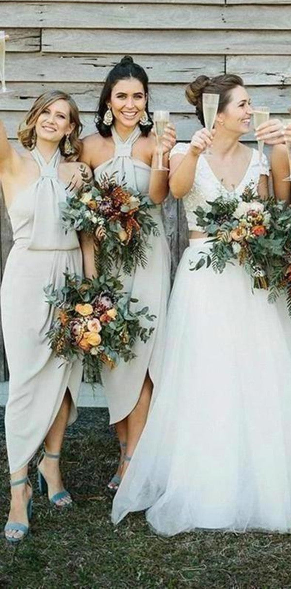 Unique Design Halter Wedding Bridesmaid Dresses, Slit Wedding Guest Dresses