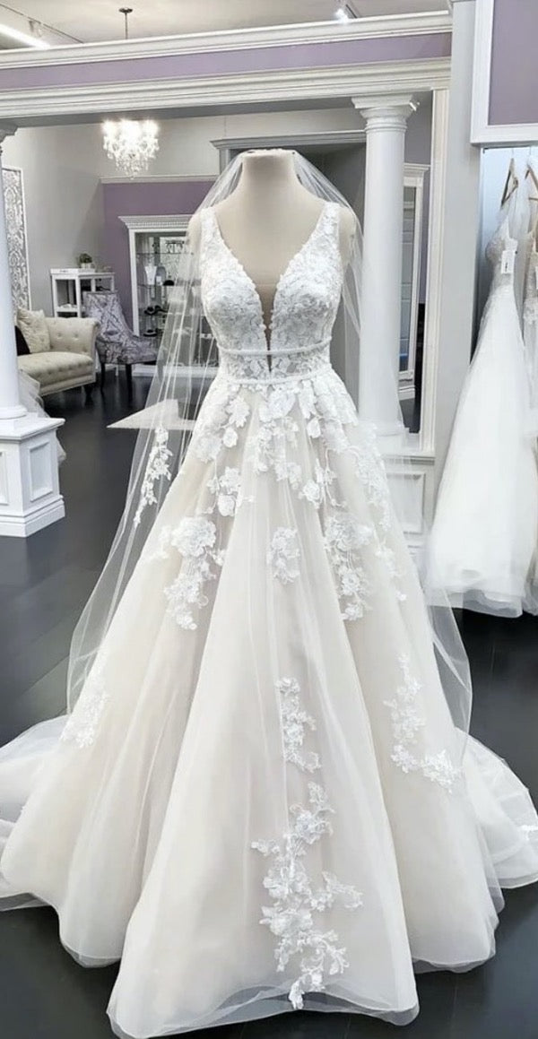 V-neck Lace Long Wedding Dresses, Elegant Popular Lace Wedding Dresses