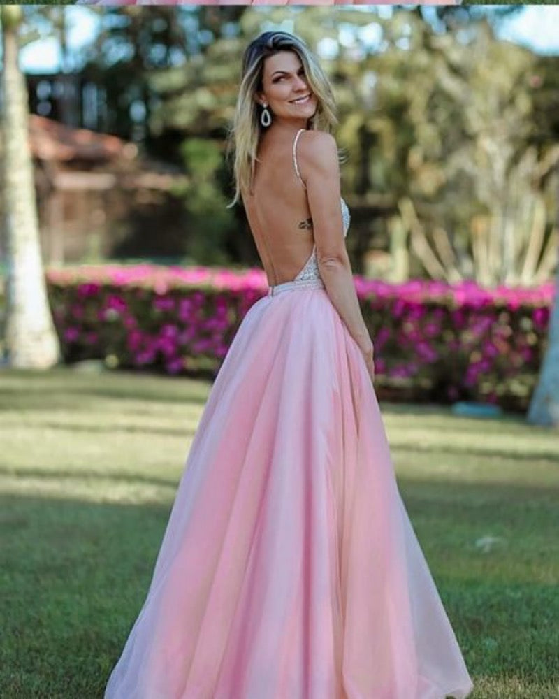 Spaghetti Straps Open Back Long Prom Dresses, 2020 Newest Popular Prom Dresses