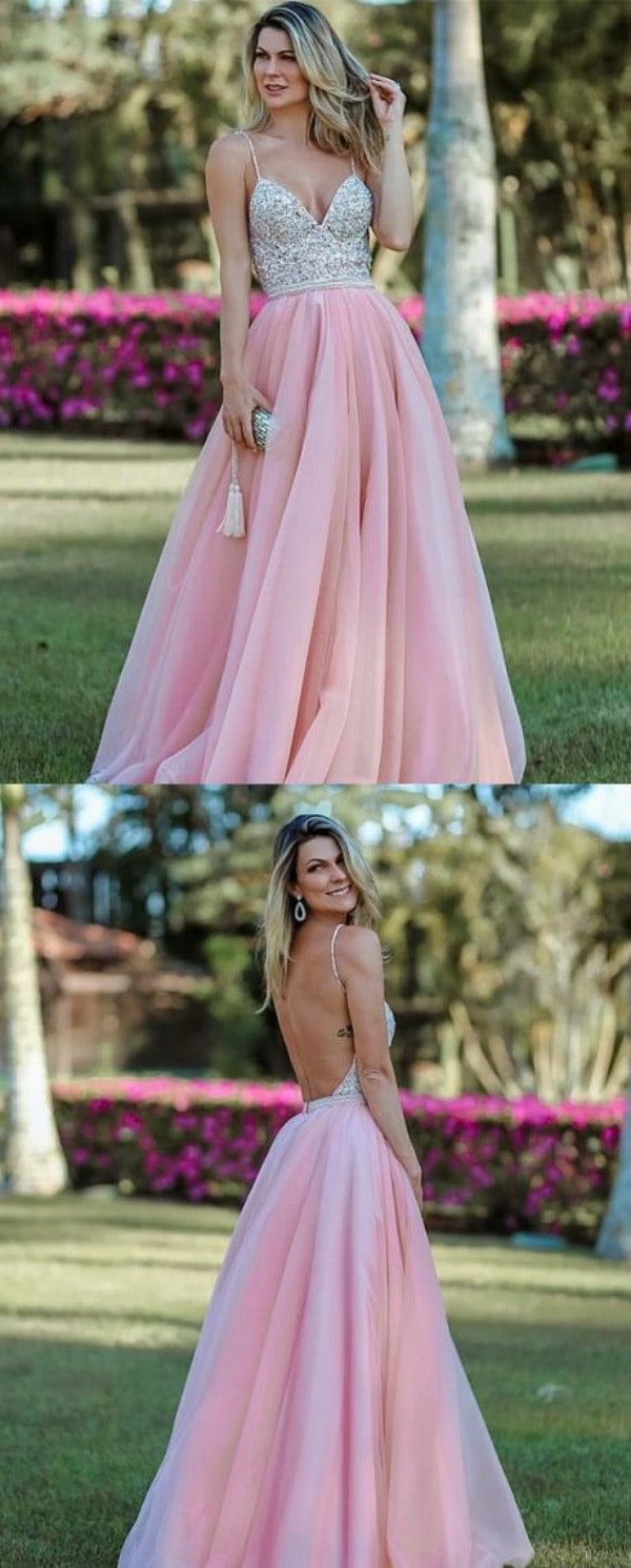 Spaghetti Straps Open Back Long Prom Dresses, 2020 Newest Popular Prom Dresses