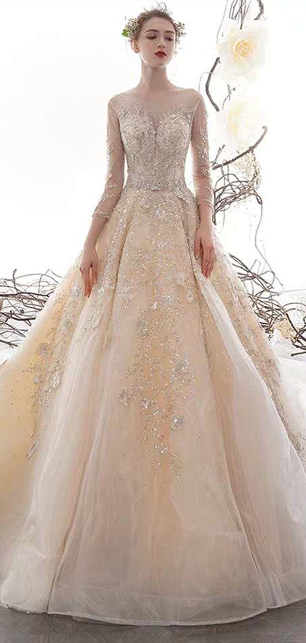 Long Sleeves Beaded Wedding Dresses, Luxury Lace Wedding Dresses, 2020 Bridal Gowns