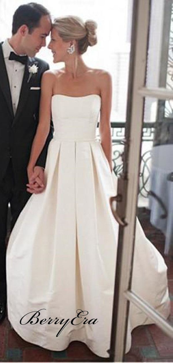 Strapless A-line Satin Wedding Dresses, Ivory Bridal Wedding Dresses