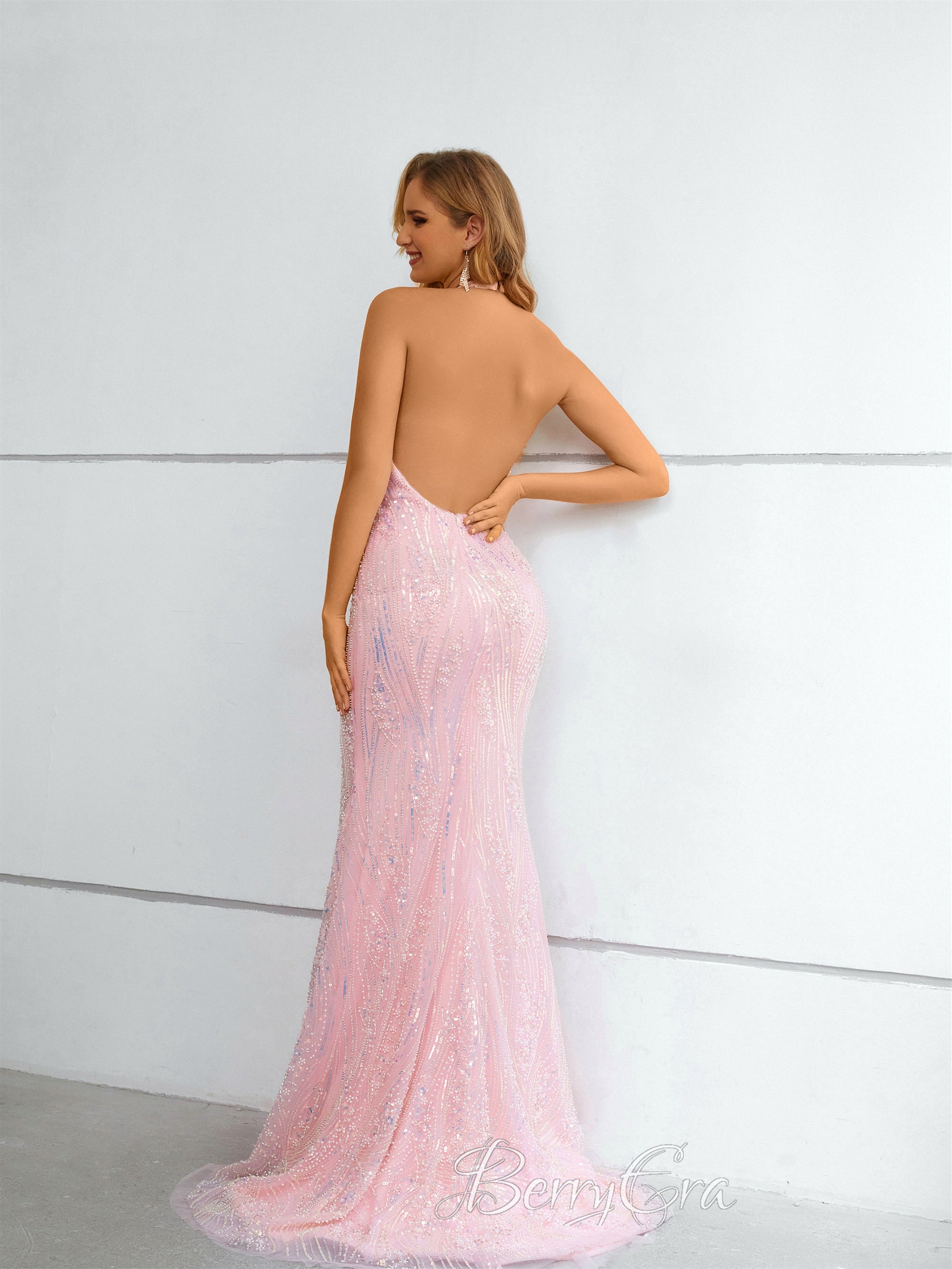 Halter Sequin Lace Mermaid Prom Dresses, Pink Prom Dresses, Affordable Prom Dresses, 2023 Prom Dresses