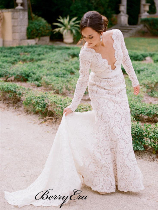 Long Sleeves Deep V-neck Wedding Dresses, Popular Lace Wedding Dresses
