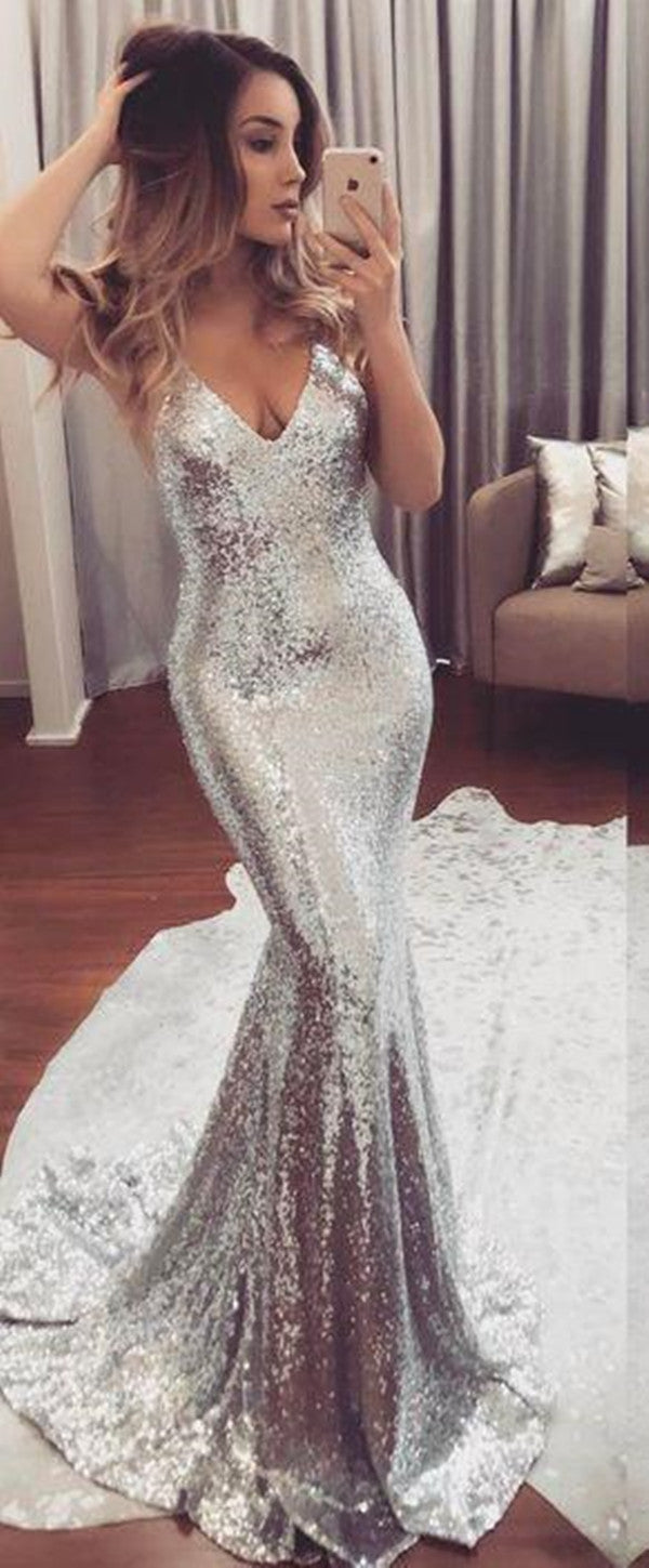 2019 Sliver Sequin Mermaid Formal Sparkle Long Prom Dress