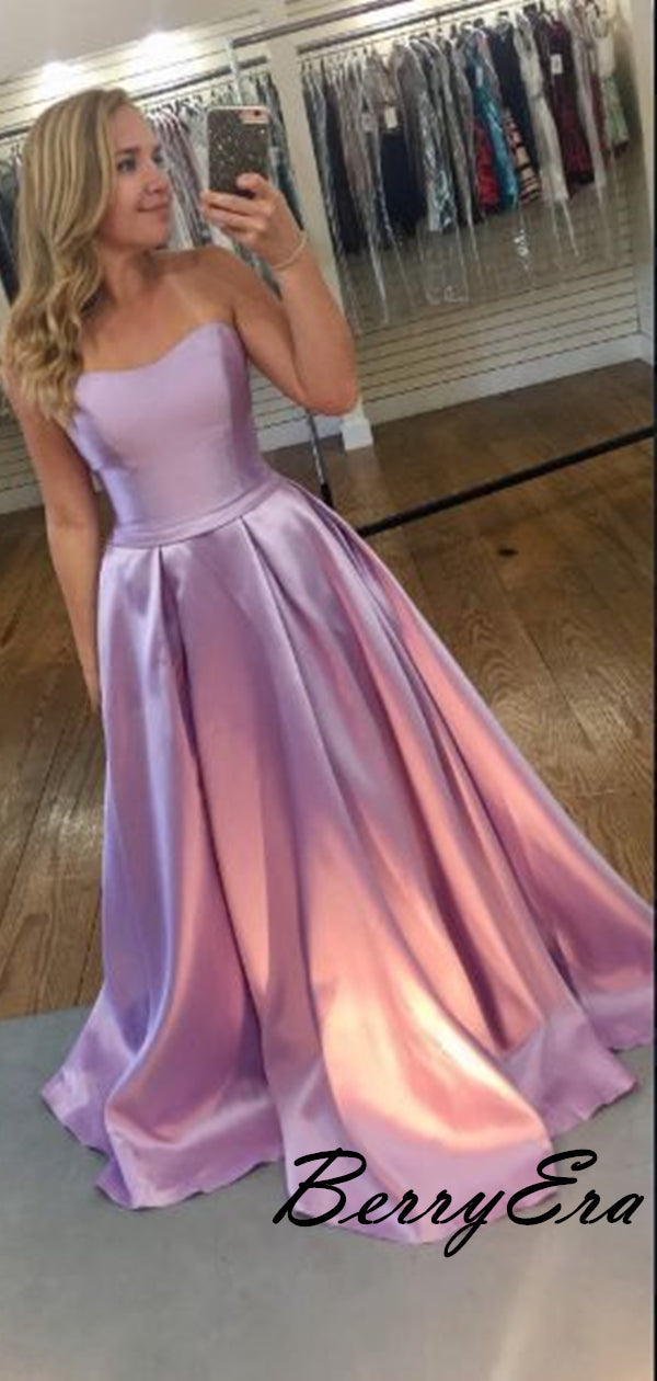 A-line Light Purple Satin Prom Dresses, Cheap Prom Dresses 2019