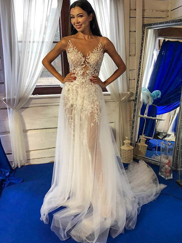 Spaghetti Straps Appliques Lace Wedding Dresses, Fashion See Through Lace Wedding Dresses