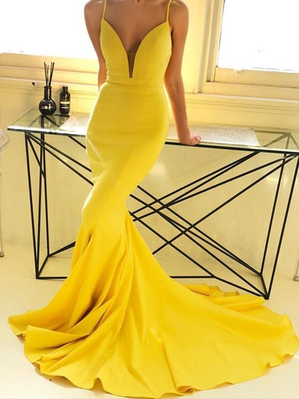 Simple Design Mermaid Long Prom Dresses, V-neck Spaghetti Straps 2021 Prom Dresses