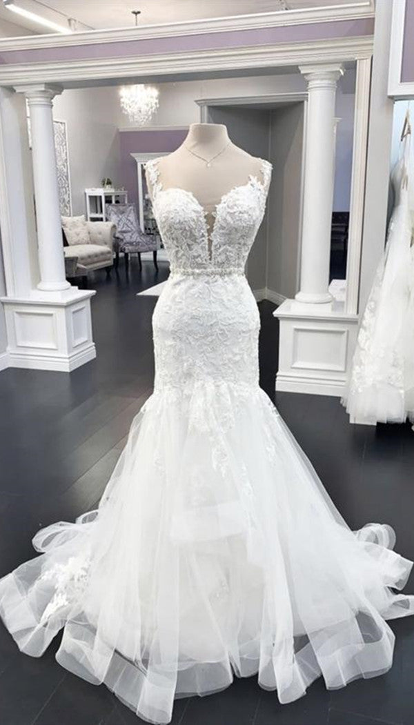 Modest Mermaid Long Wedding Dresses, Lace Popular Wedding Dresses 2020