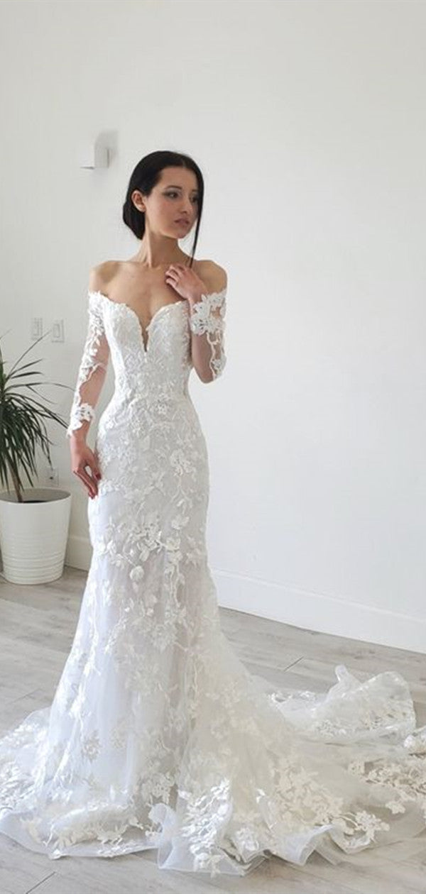 long sleeve off shoulder wedding dress Sleeves Open Back Lace Dresses with Chapel Train Ivory flowing into sheer lace long sleeves finished with scalloped lace edging Off Shoulder Lace Modest Long