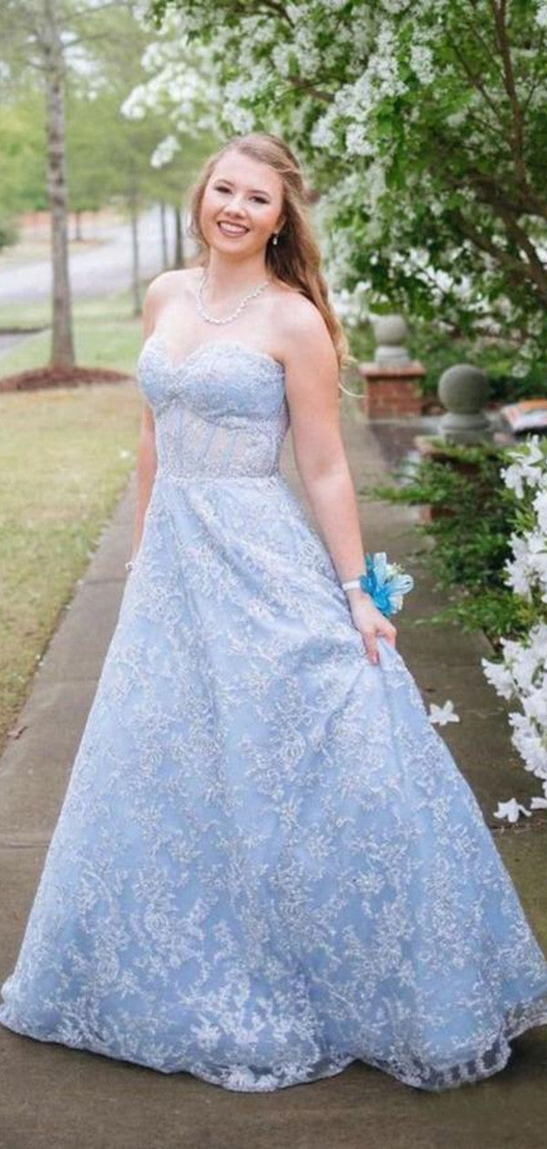 Light Blue Strapless Lace Prom Dresses, Sweetheart Lace 2020 Long Prom Dresses