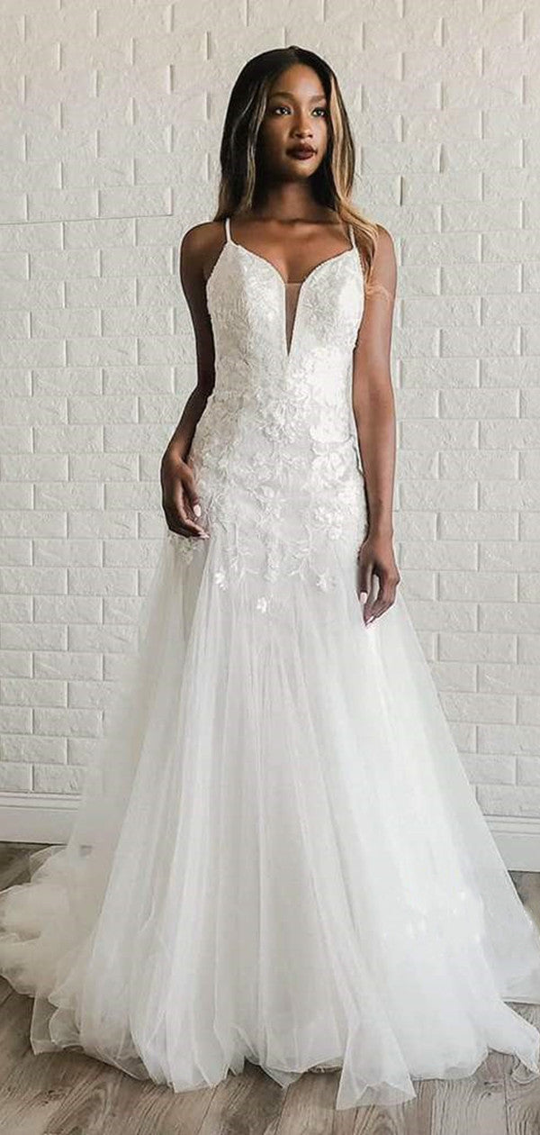 Popular Lace Wedding Dresses, Spaghetti Straps Lace 2020 Wedding Dresses
