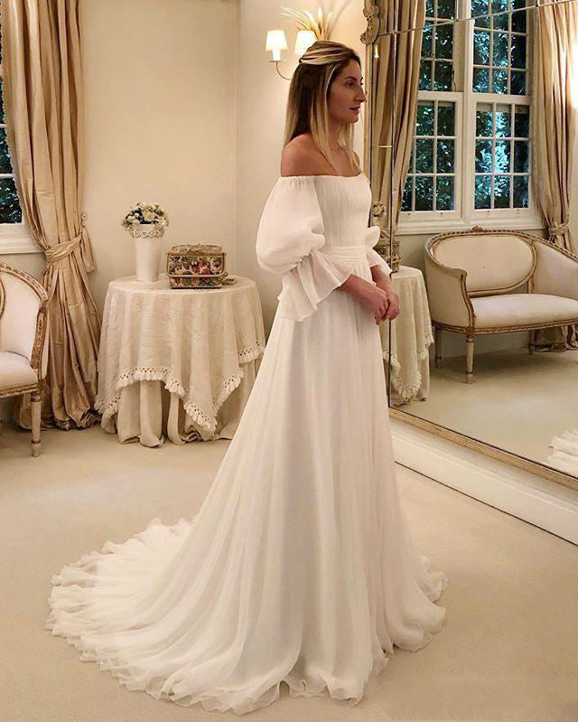 Off The Shoulder Chiffon A-line Long Wedding Dresses, Elegant 2020 Wedding Dresses