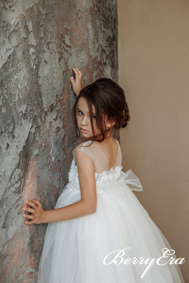 Illusion Lace Top Beaded Tulle Ivory Flower Girl Dresses