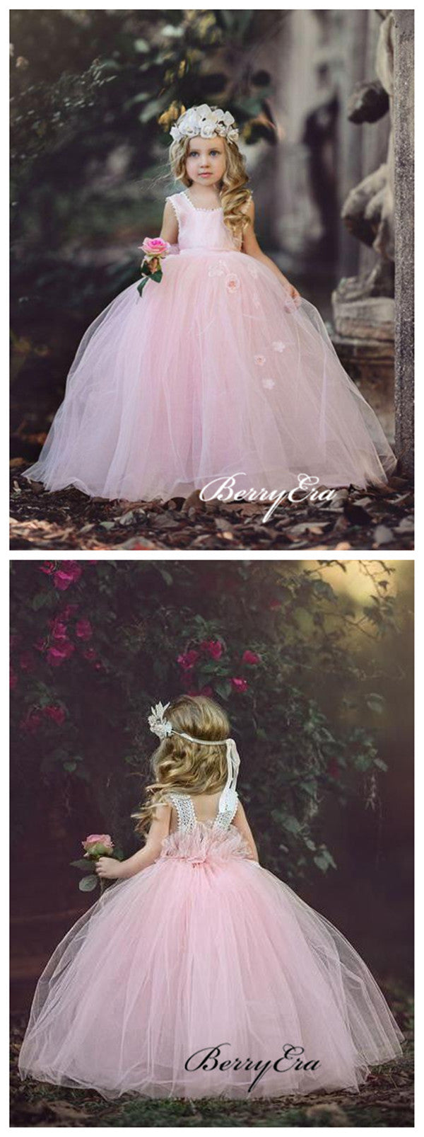 Pink Flower Girl Dresses, Appliques Cute Girl Wedding Flower Girl Dresses