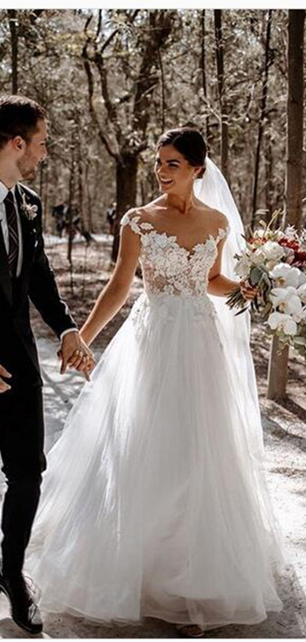 Off The Shoulder Lace Long Wedding Dresses, A-line Tulle 2020 Wedding Dresses