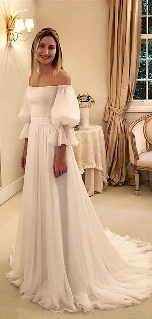 Off The Shoulder Chiffon A-line Long Wedding Dresses, Elegant 2020 Wedding Dresses