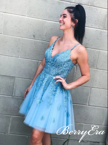 V-neck Blue Lace Beaded Homecoming Dresses, Short Prom Dresses