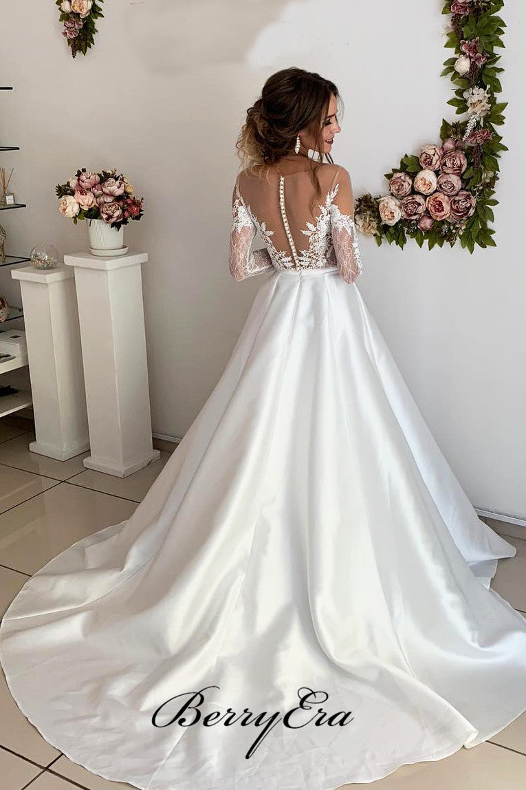 Illusion Long Sleeves Lace Top A-line Satin Wedding Dresses, Bridal Gown