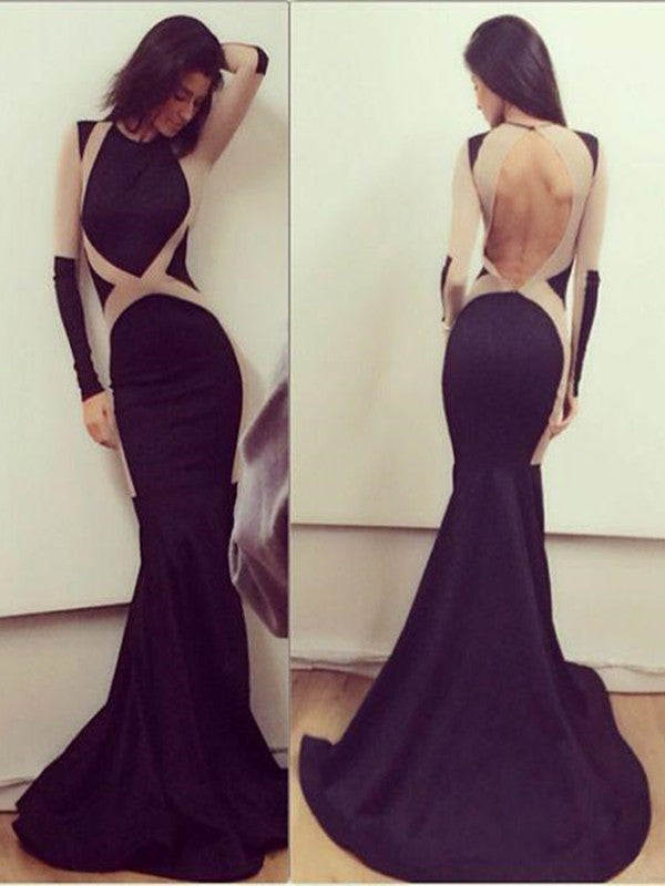Unique Black Mermaid Long Sleeve Sexy Backless Long Prom Dress