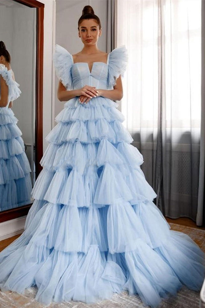 Off Shoulder Pale Blue Tulle Ruffled Prom Dresses, A-line Prom Dresses, Newest 2022 Prom Dresses, RC014