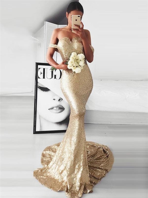 Off Shoulder Long Mermaid Gold Sequin Prom Dresses