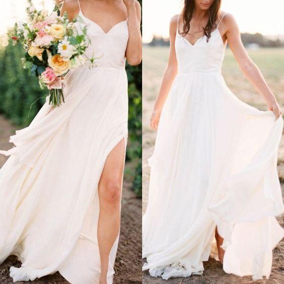 Simple Long A-line Side Slit Chiffon Beach Wedding Dresses