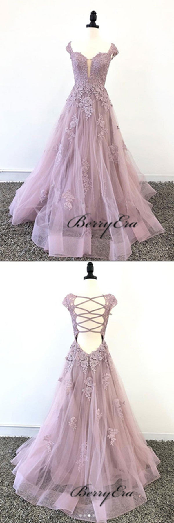 Cap Sleeves Lace Prom Dresses, Evening Party A-line Prom Dresses, Newest Prom Dresses