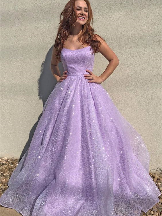 Lilac Sequin Tulle A-line Prom Dresses, Popular 2020 Prom Dresses, Lace Up Prom Dresses