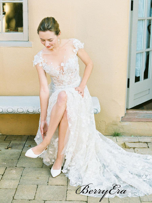 Elegant Lace A-line Wedding Dresses, Popular Lace Bridal Gowns, Wedding Dresses
