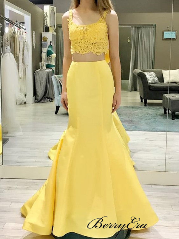 Two Pieces Lace Prom Dresses 2019, Mermaid Satin Prom Dresses, Yellow Prom Dresses