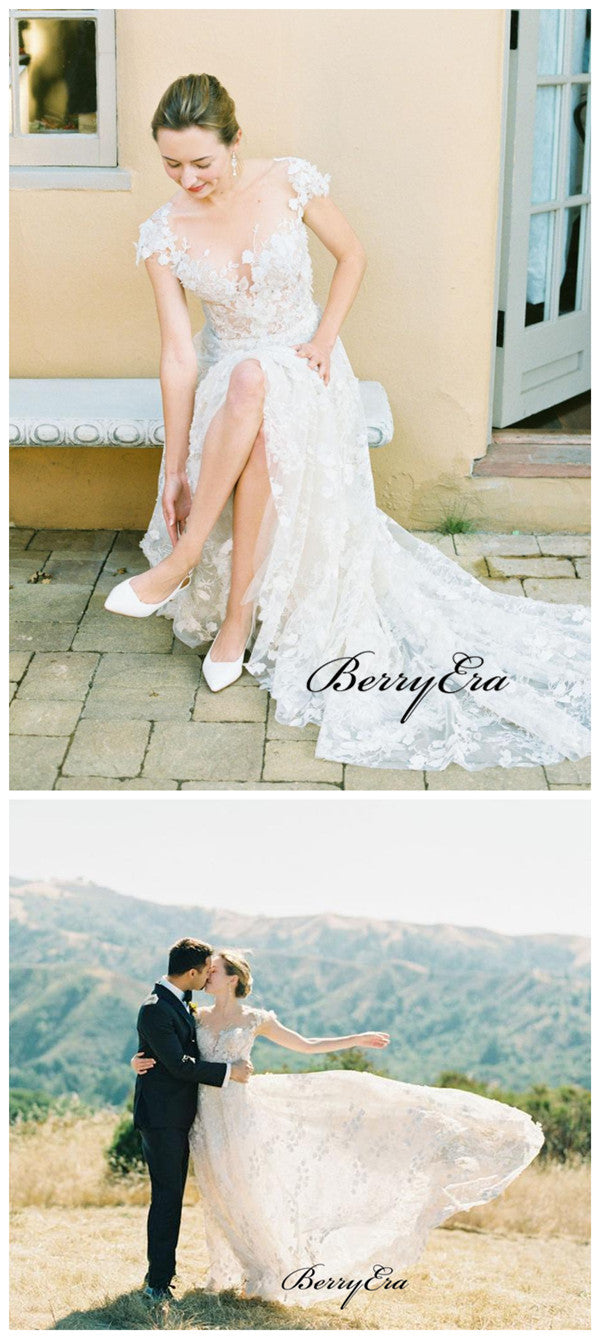 Elegant Lace A-line Wedding Dresses, Popular Lace Bridal Gowns, Wedding Dresses