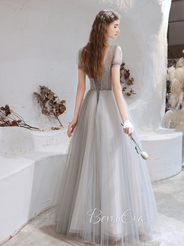 V-neck Light Grey Beaded Sequin Tulle Prom Dresses, A-line Prom Dresses, 2023 Prom Dresses, Newest Graduation Party Dresses