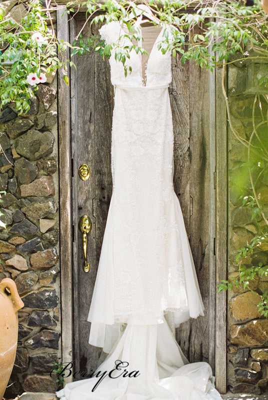 Mermaid Lace Tulle Wedding Dresses, Deep V-neck Design Wedding Bridal Gowns