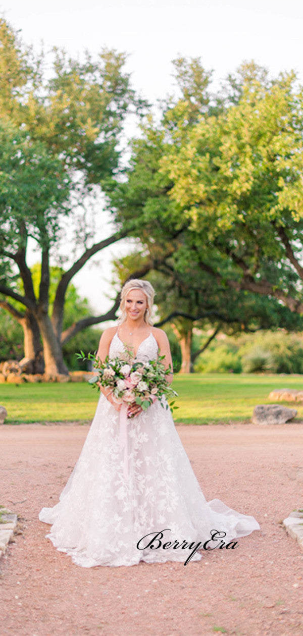 Unique Elegant Lace Wedding Bridal Dresses, Open Back A-line Wedding Dresses