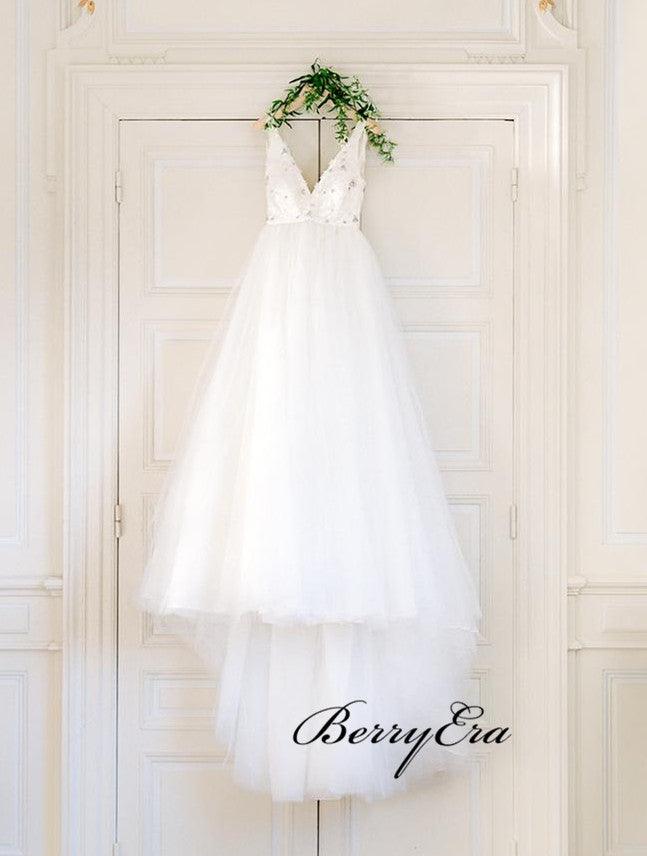 V-neck Lace Beads Wedding Dresses, Elegant A-line Wedding Dresses