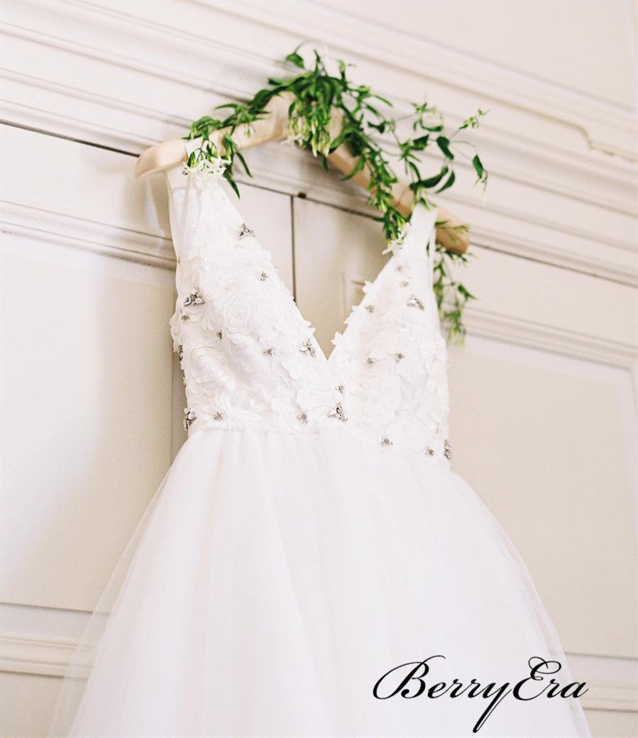 V-neck Lace Beads Wedding Dresses, Elegant A-line Wedding Dresses