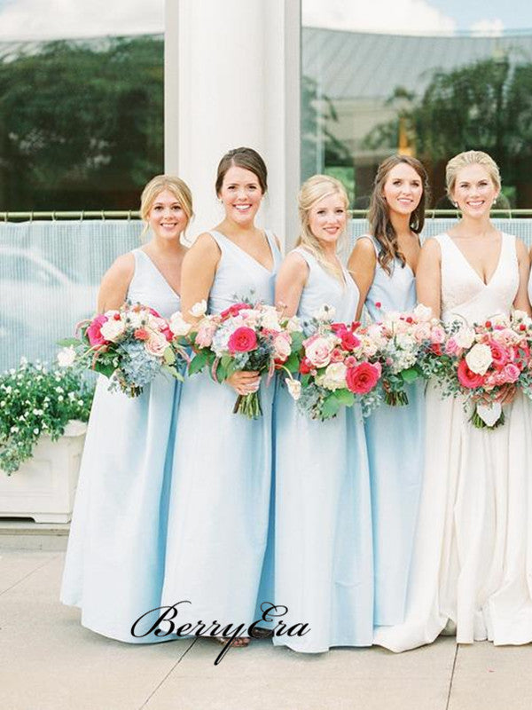 Light Blue A-line Bridesmaid Dresses, A-line V neck Bridesmaid Dresses