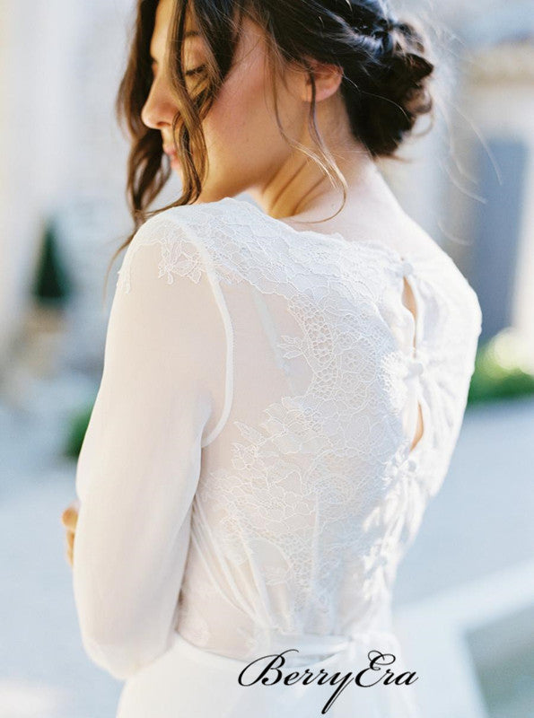 Long Sleeves See Through Wedding Dresses, Popular Lace A-line Wedding Dresses