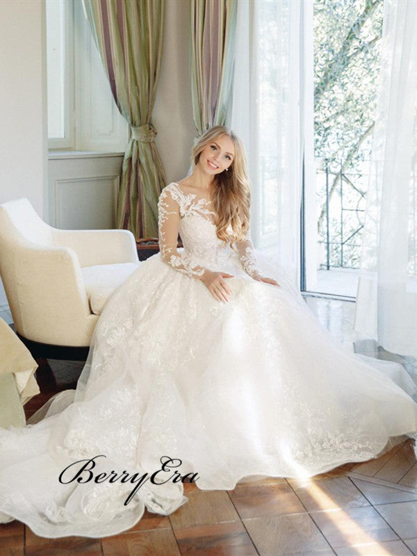 Long Sleeves Lace A-line Wedding Dresses, Popular Elegant Wedding Dresses