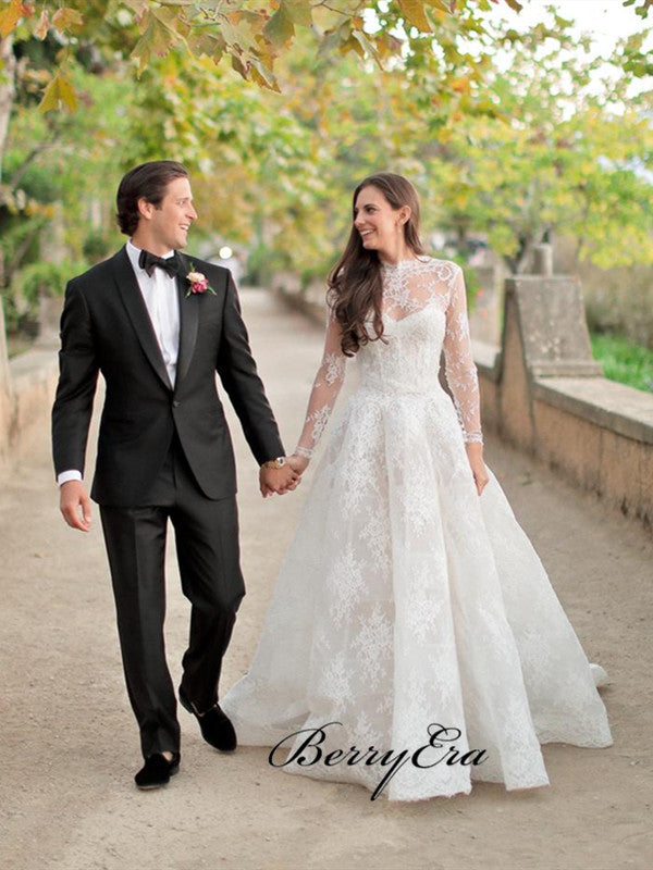 Long Sleeves Graceful Lace Wedding Dresses, A-line Lace Wedding Dresses
