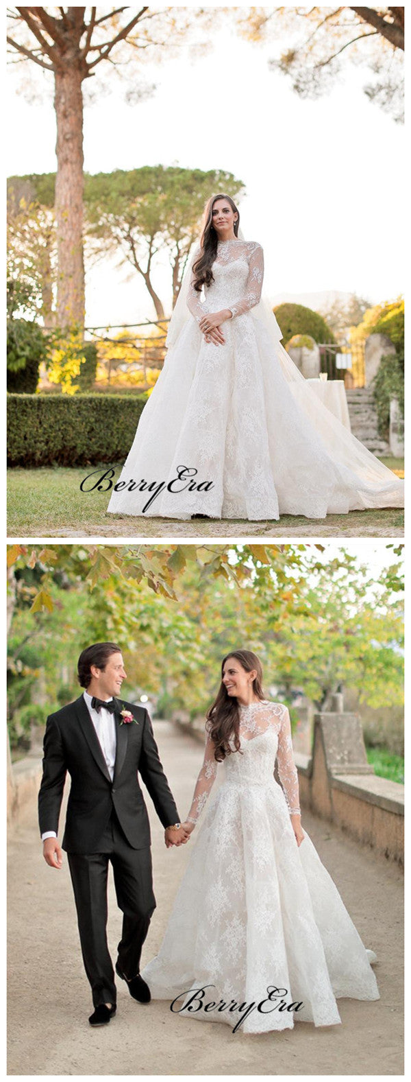 Long Sleeves Graceful Lace Wedding Dresses, A-line Lace Wedding Dresses