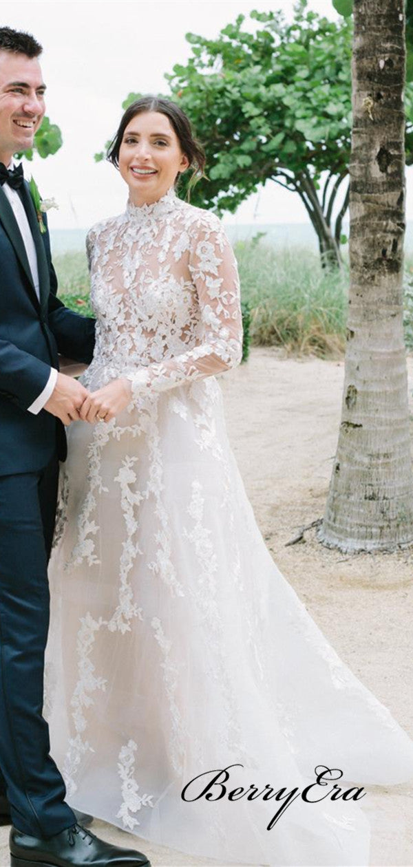 Long Sleeves See Through Wedding Dresses, A-line Lace Elegant Wedding Dresses