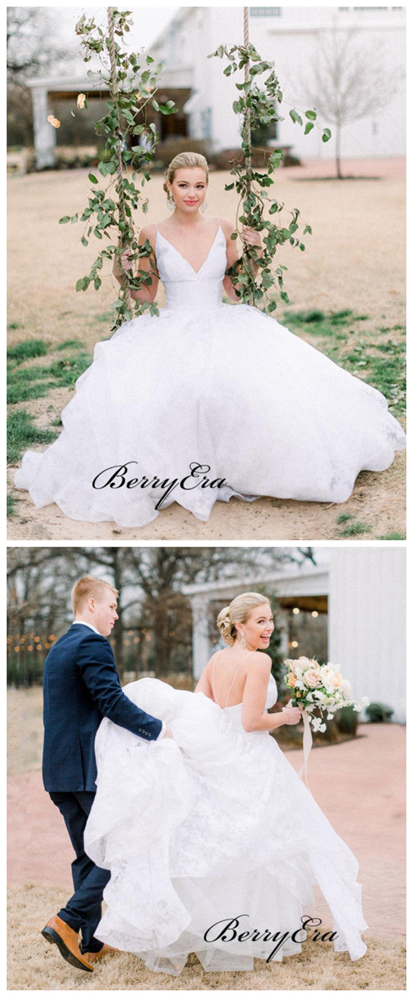 A-line Tulle Lace Wedding Dresses, Straps Backless Wedding Dresses